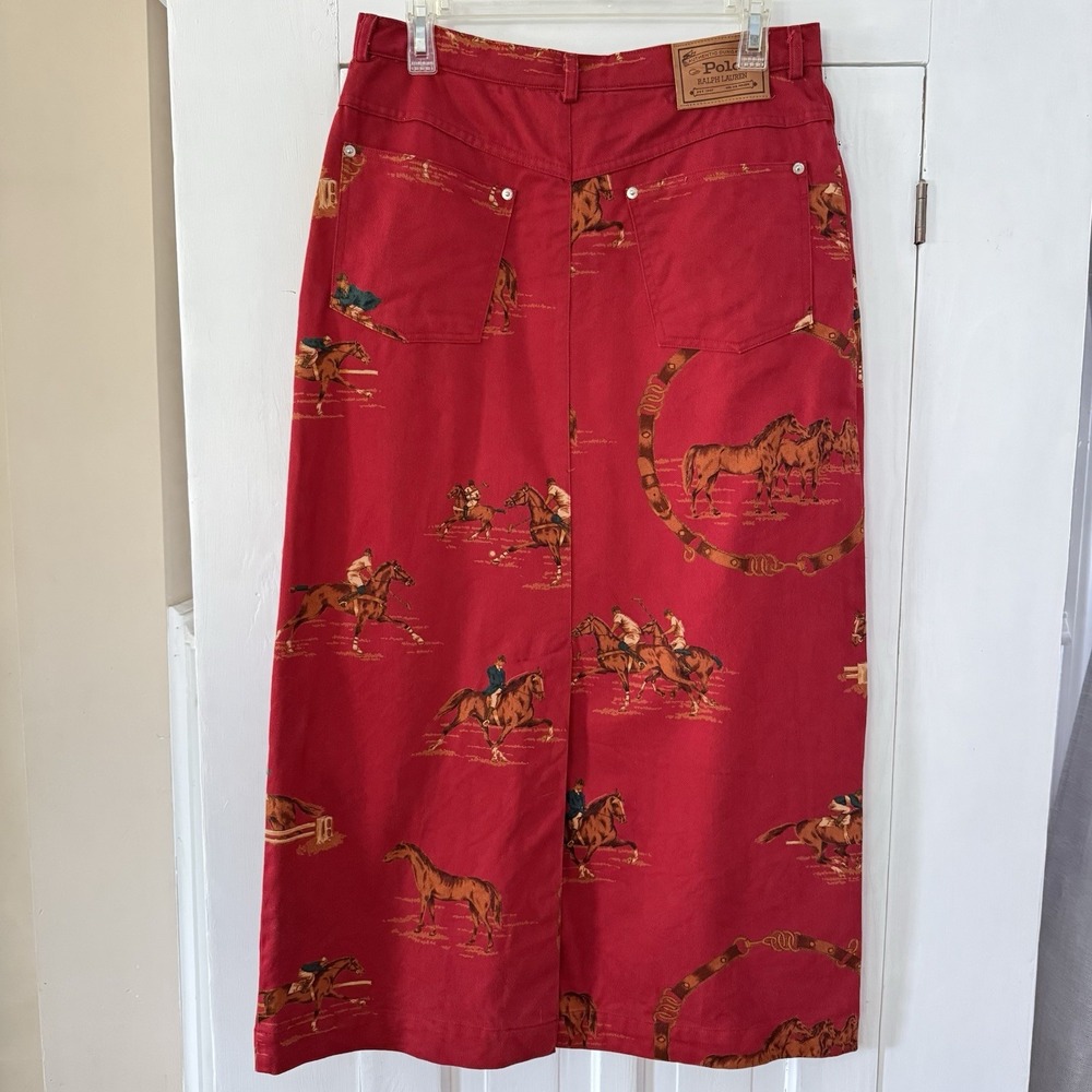 Vintage Ralph Lauren Skirt Horse Print Red Denim Long Women's Size 12 80s 90s - Picture 3 of 14